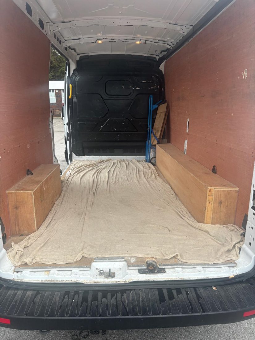 Inside the long wheelbase van – 3.4m load space with moving blankets, Bradford removals